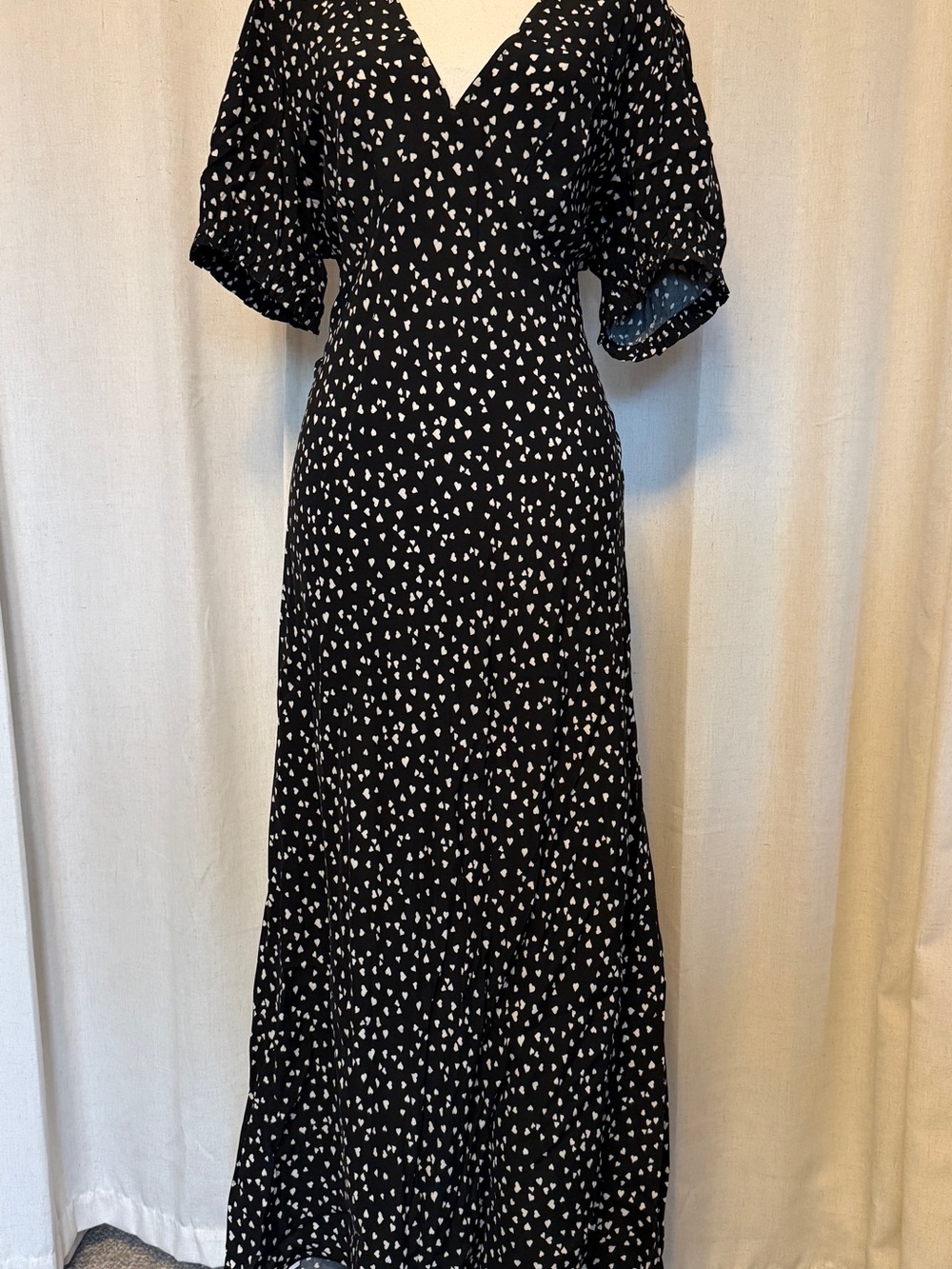 A New Day Black White Heart Print Maxi Dress Bubble Sleeve L